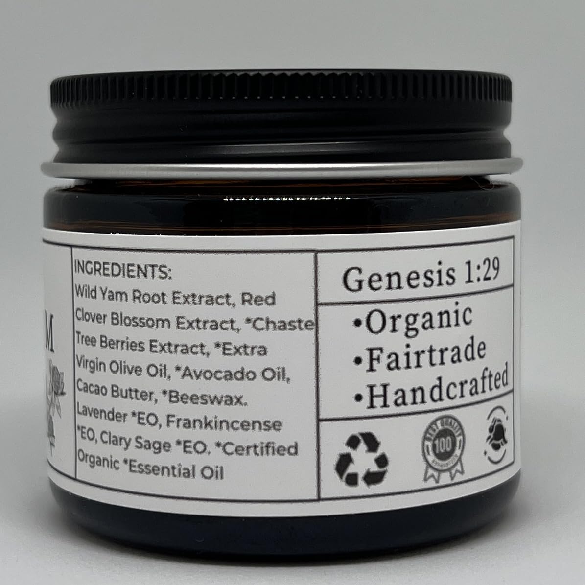 Faith and Grace Organics open jar with clear label showing organic ingredients