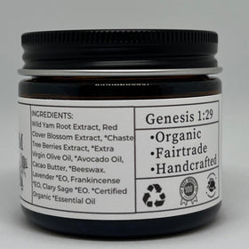 Faith and Grace Organics open jar with clear label showing organic ingredients