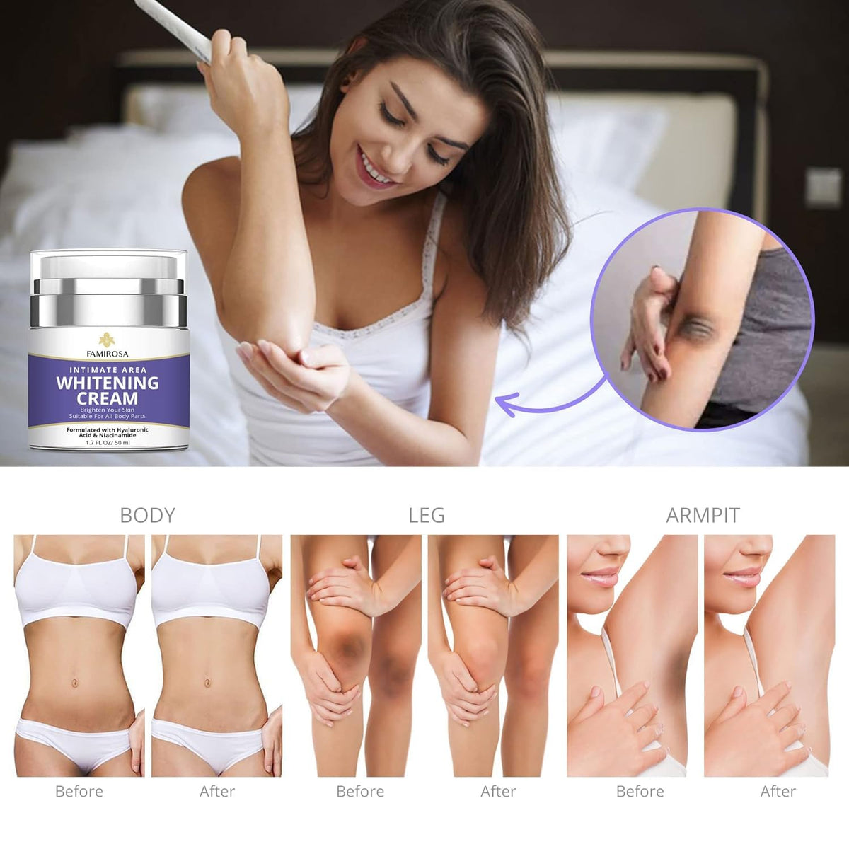 FAMIROSA cream texture on fingertips demonstrating lightweight absorption