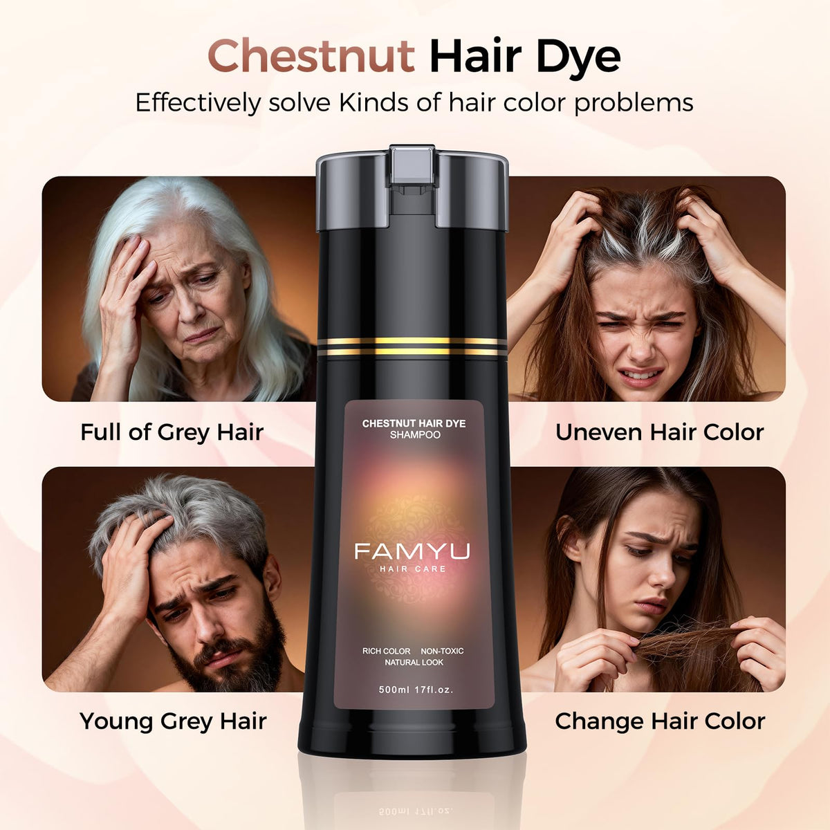 Side-by-side Famyu before and after results on gray hair, visible coverage benefit