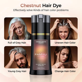 Side-by-side Famyu before and after results on gray hair, visible coverage benefit