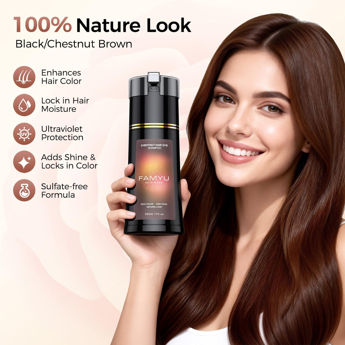 Close-up of Famyu shampoo lather on hair strands, creamy texture and conditioning benefit