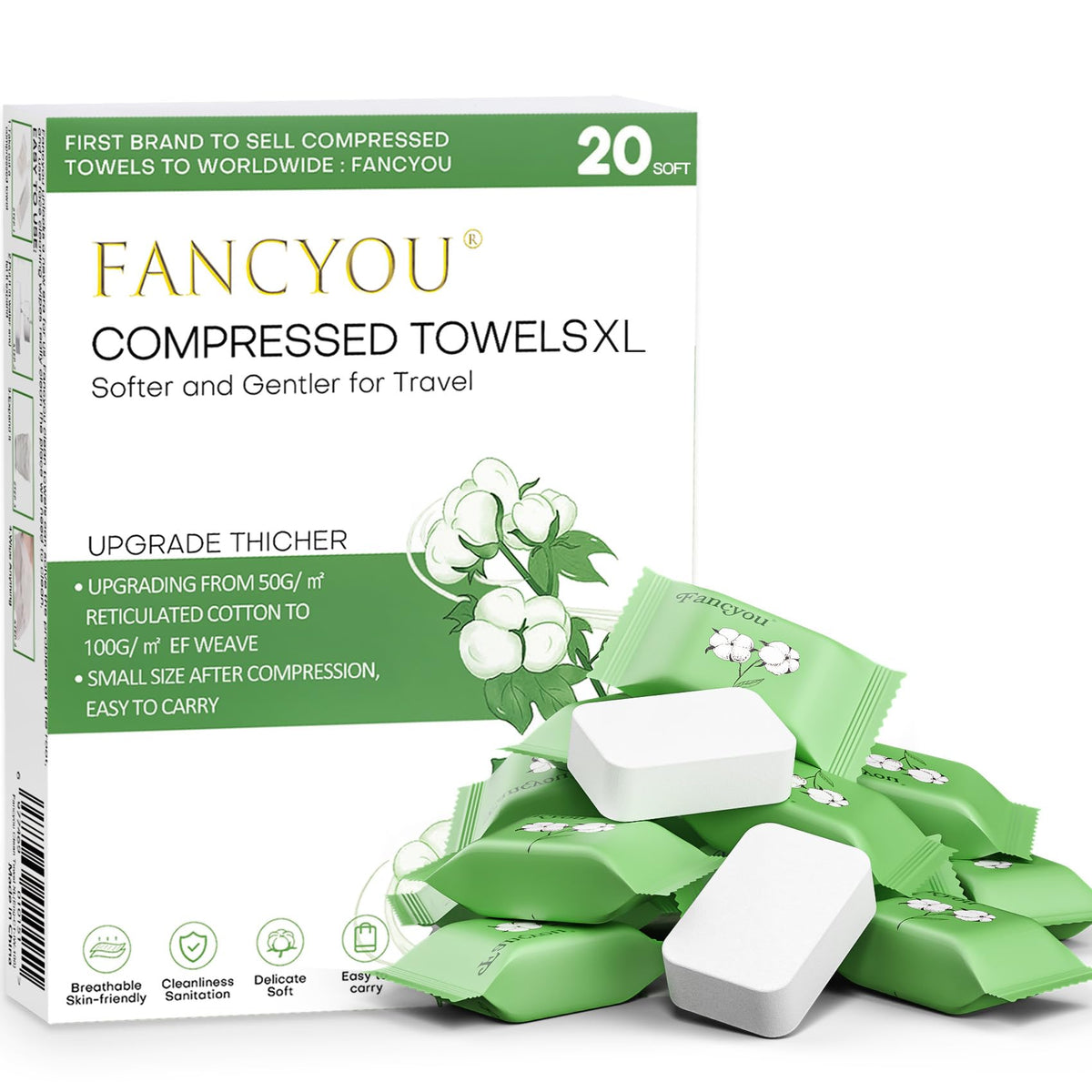 fancyou front packaging showing 50-pack and green design, highlights portability
