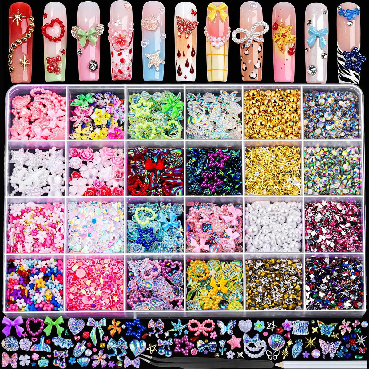 Fandamei 24-grid kit open showing all charm compartments and organized selection