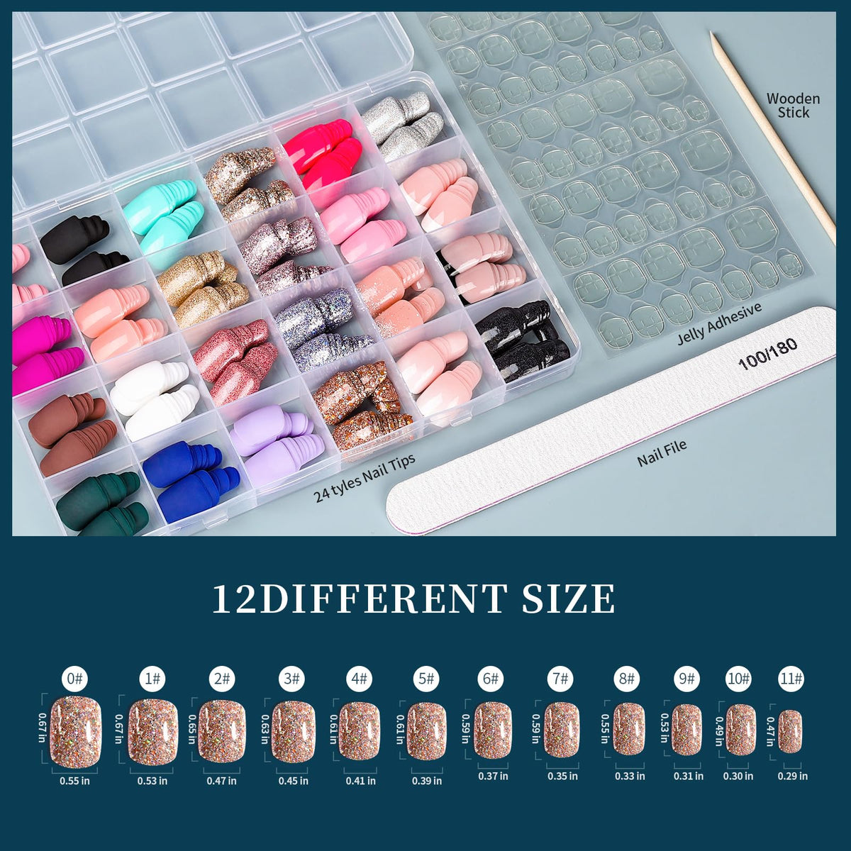 Fandamei adhesive tabs and orange sticks with file for easy application and clean removal