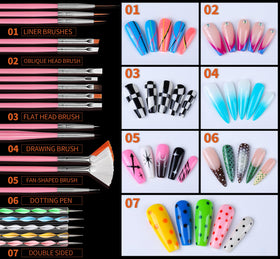 FANDAMEI closeup of 15 nail art brushes showing varied heads for precise designs