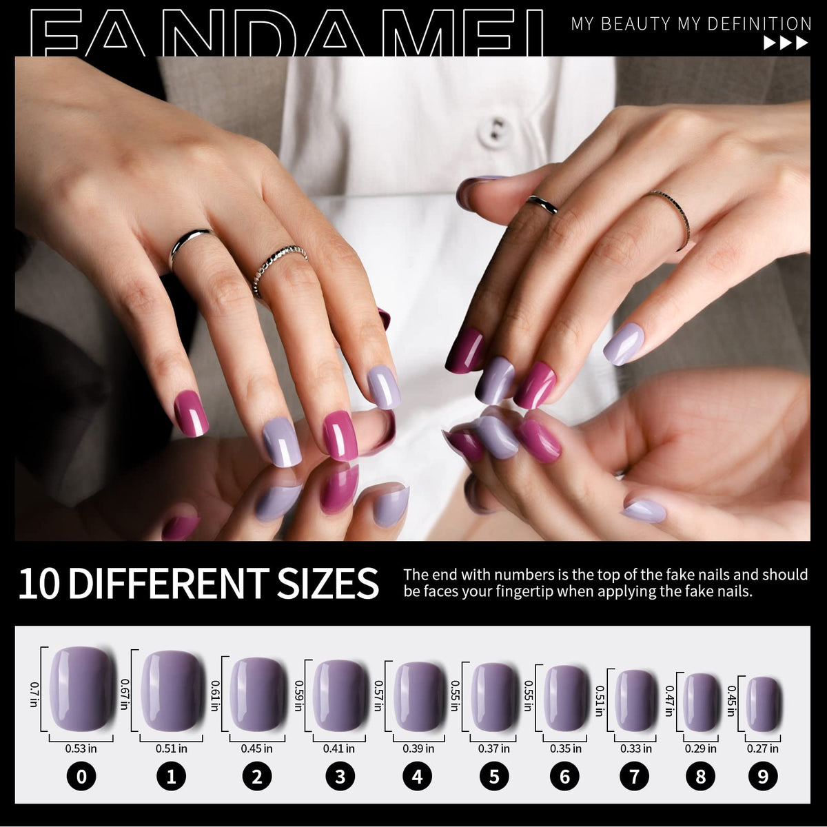 Fandamei overhead view of 24 glossy color grids displaying organized small press on nails
