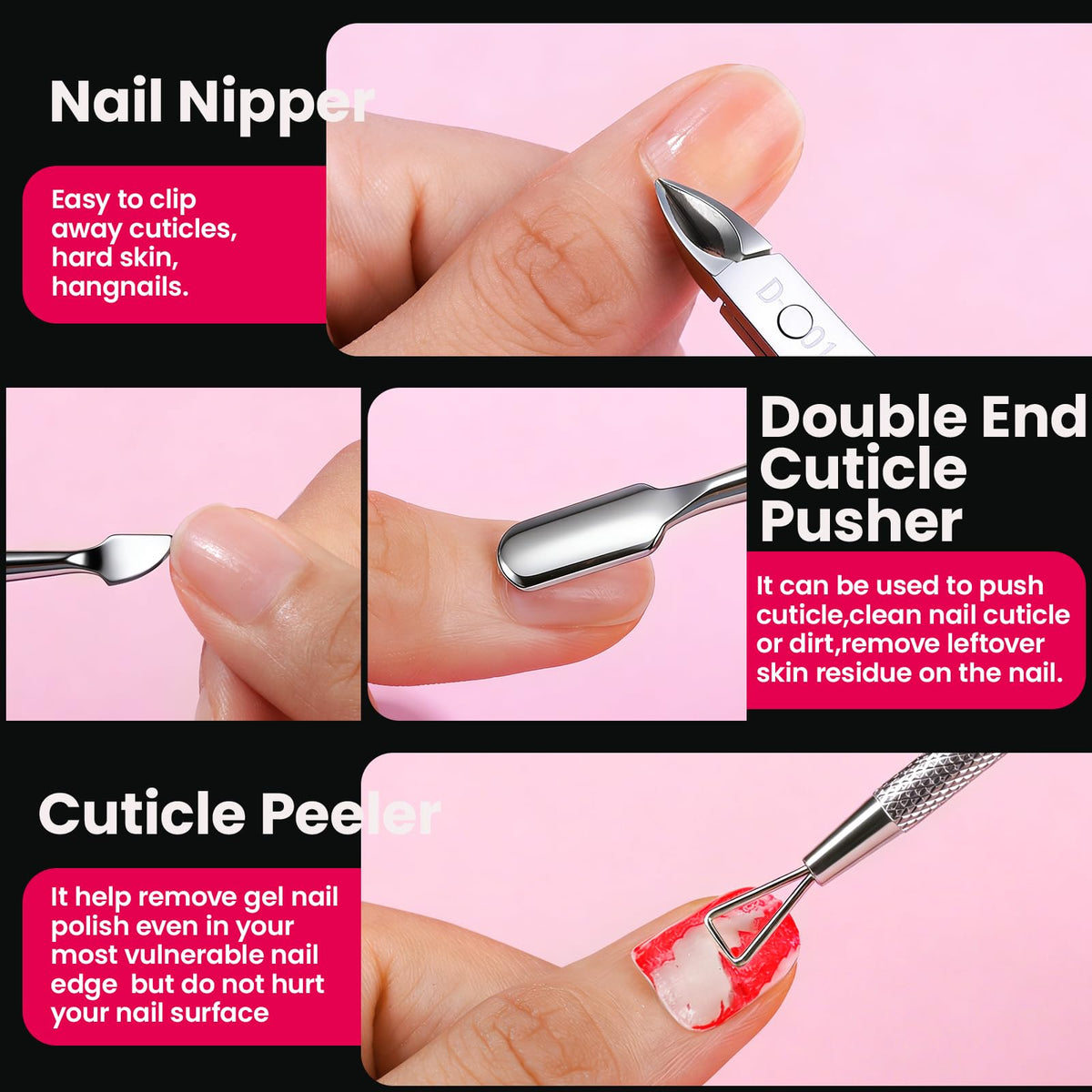 Fandamei cuticle tools arranged showing nipper, pusher and peeler for precise trimming