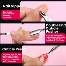 Fandamei cuticle tools arranged showing nipper, pusher and peeler for precise trimming