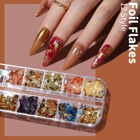 Fandamei gold nail foil and iridescent flakes close-up for shimmer effects