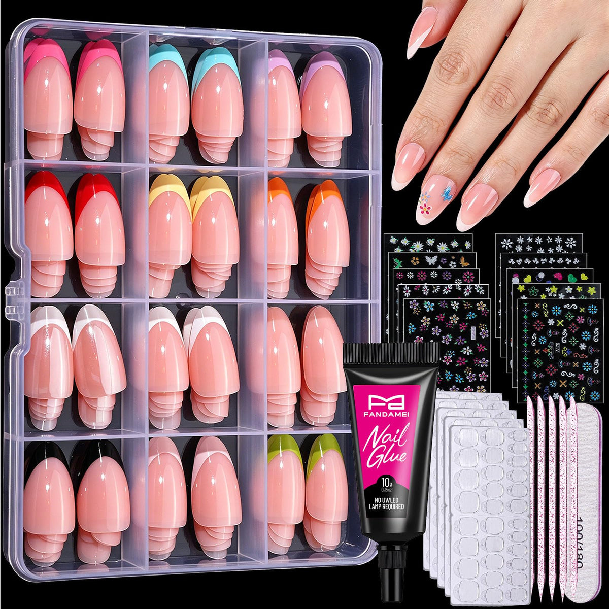 Fandamei front packaging showing 12-color 288PCS kit and tools for easy application