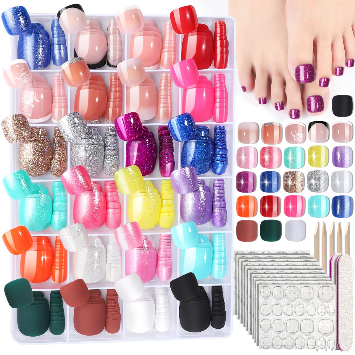 Fandamei front set of 576 press on toenails showing multiple colors and styles for variety