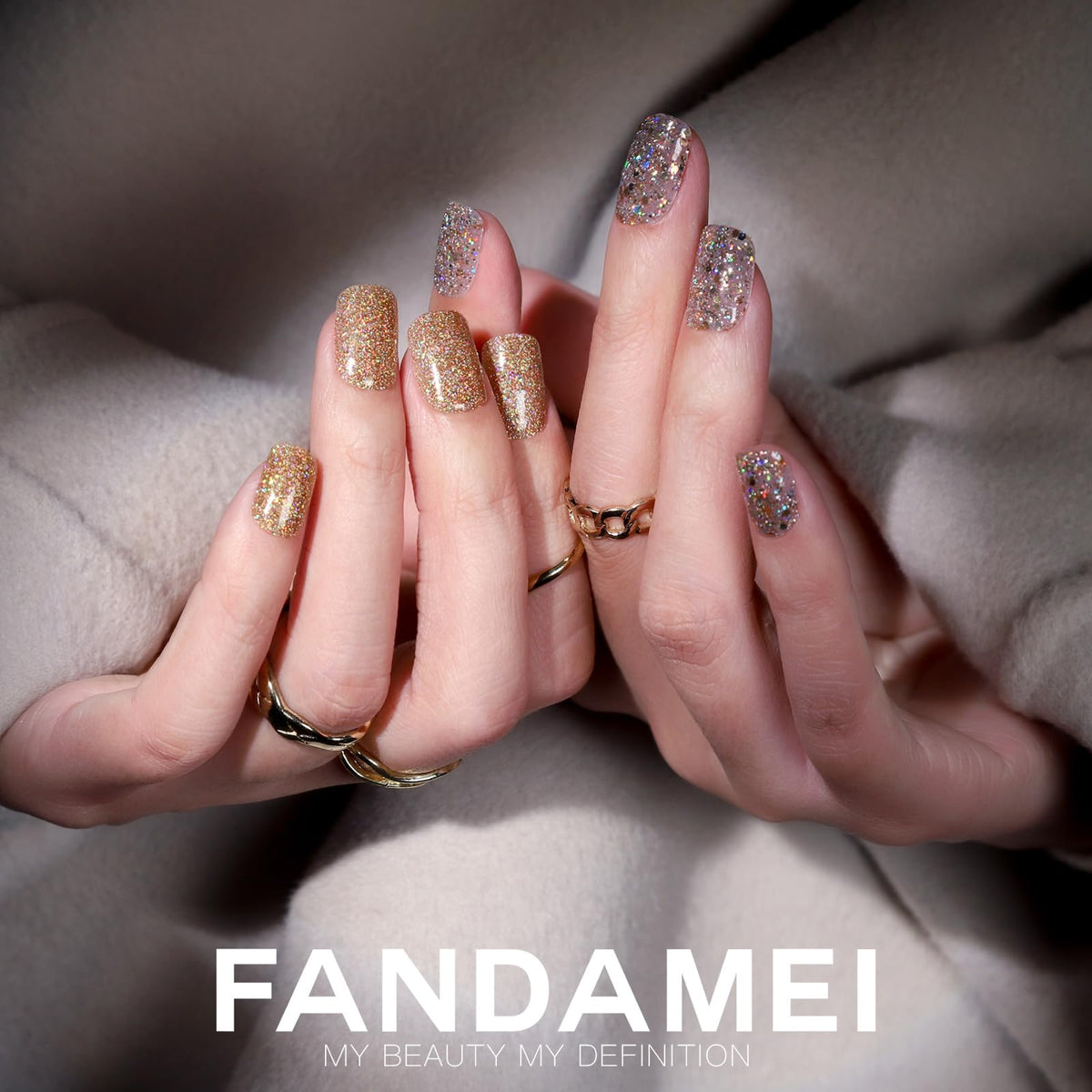 Fandamei glitter nail detail showing sparkle finish and eye-catching shine for events