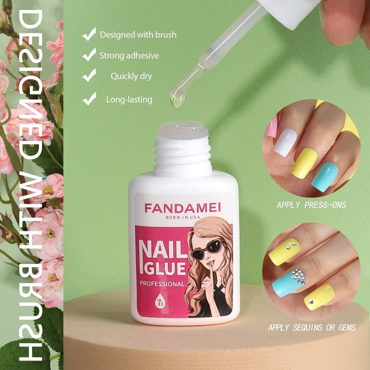 Fandamei press-on being applied to a fingernail demonstrating simple, fast attachment