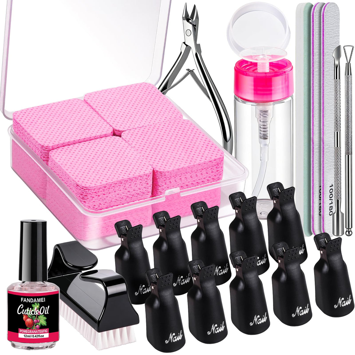 Fandamei kit flatlay showing complete soak-off removal set for easy at-home use