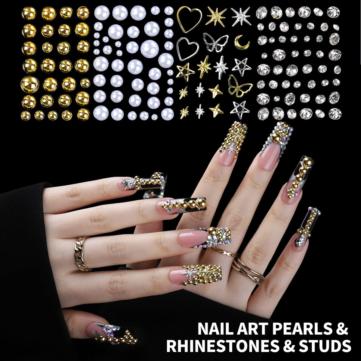 Fandamei white and gold half pearls with metal studs for luxe manicure accents