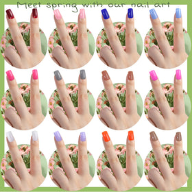 Fandamei nails next to a hand to show medium short square length and real-life scale