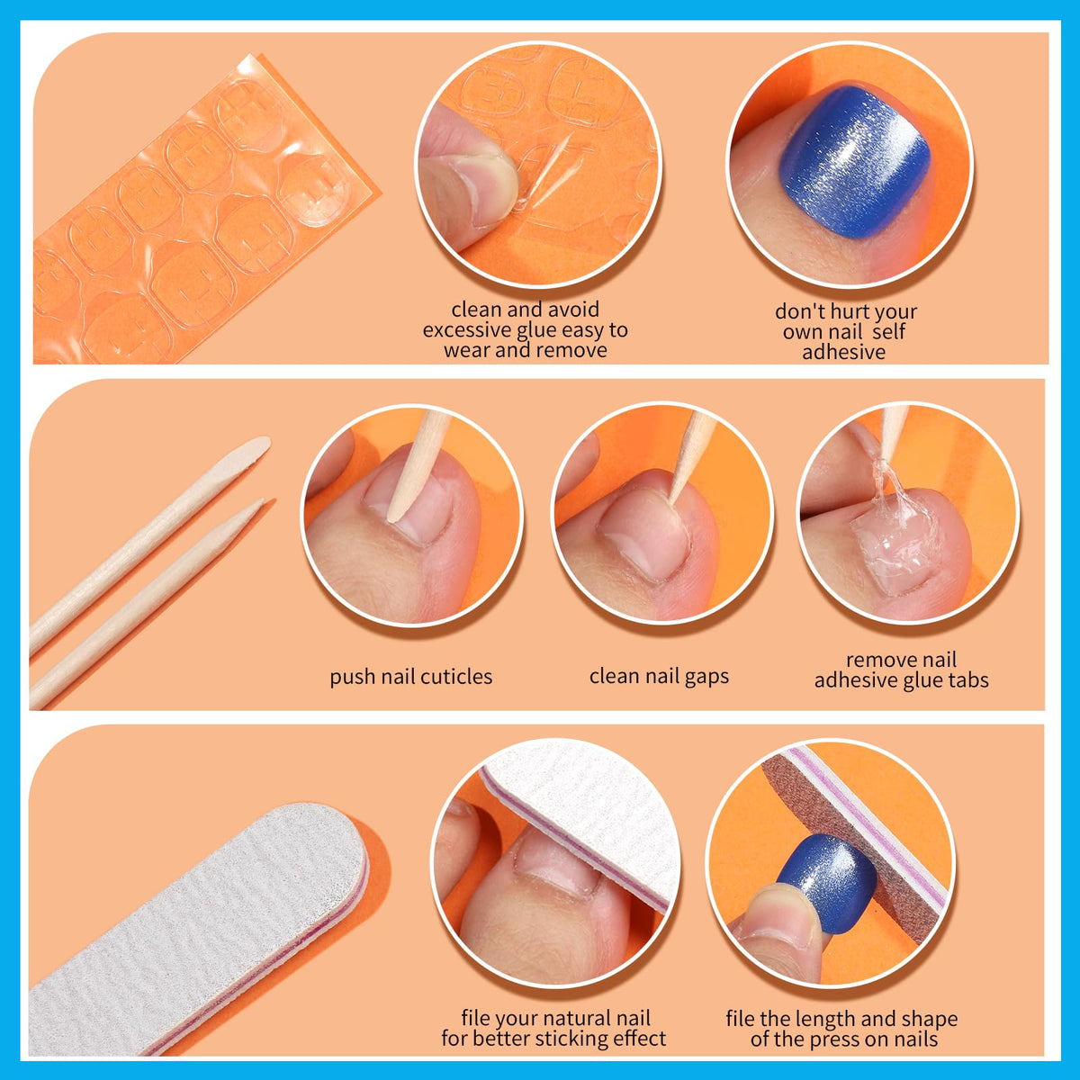 Fandamei adhesive tabs and tools layout showing included supplies for simple application
