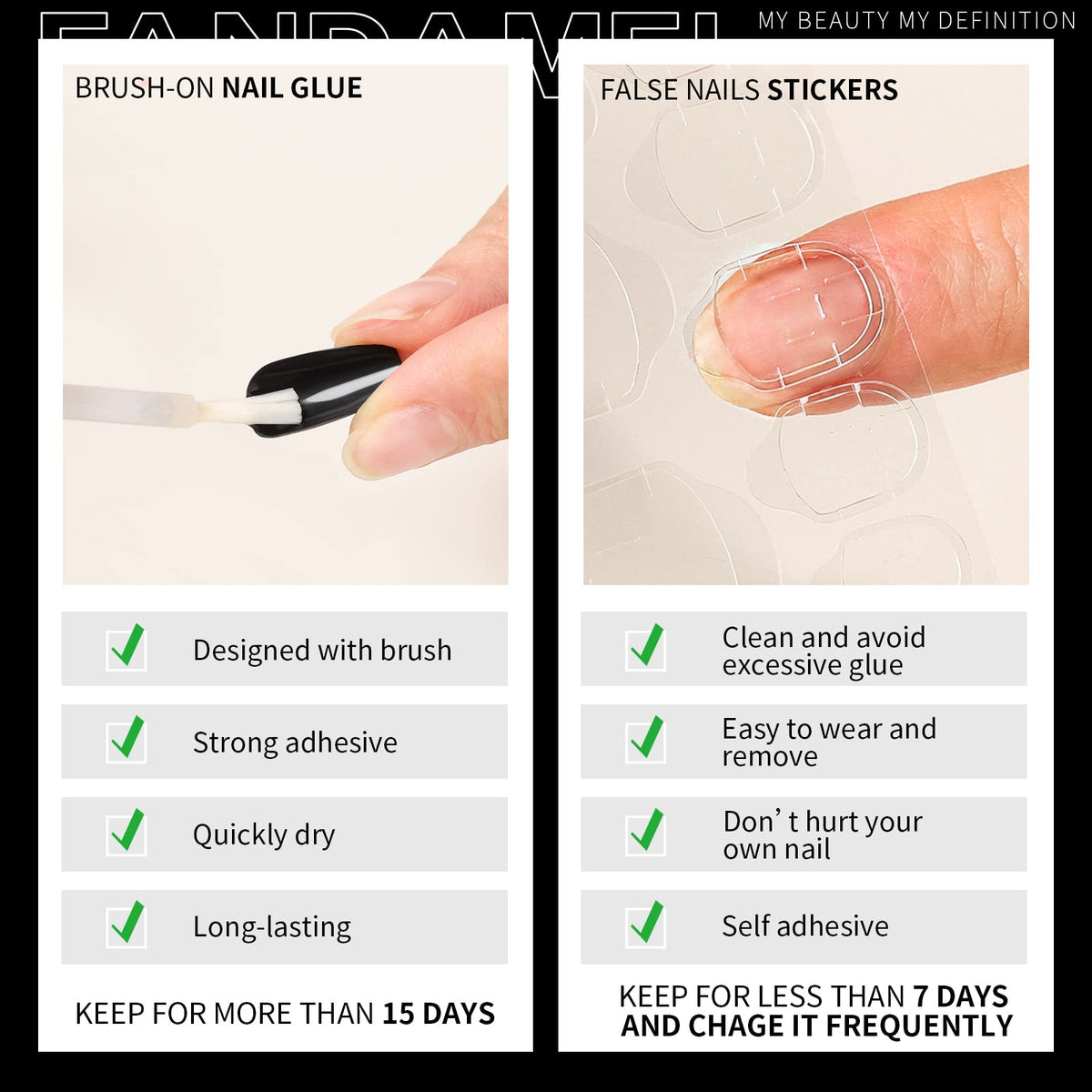 Fandamei press on nails worn on small hands showing natural, neat everyday look