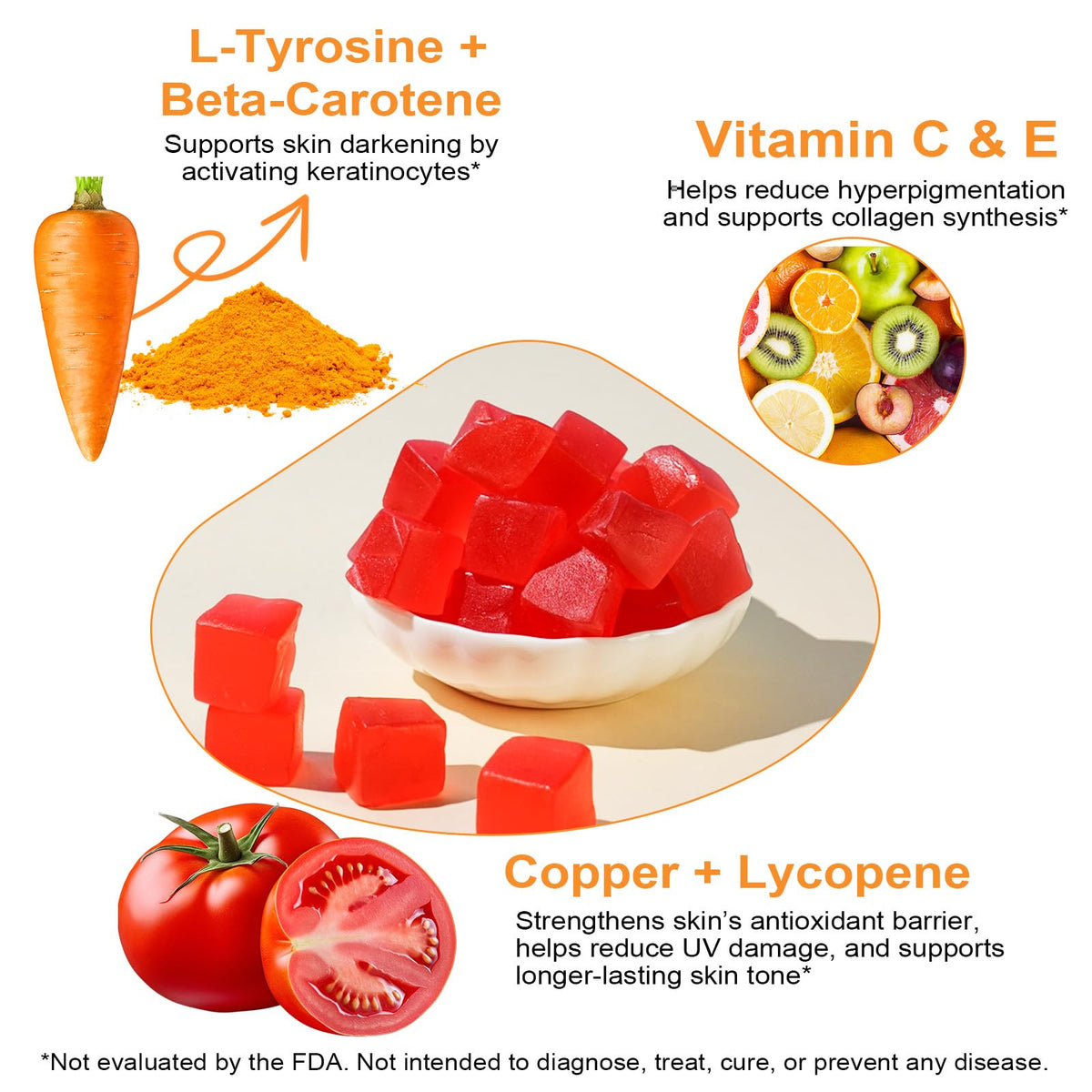 FANGCUN ingredients label highlighting L-tyrosine, beta-carotene, and copper for skin support