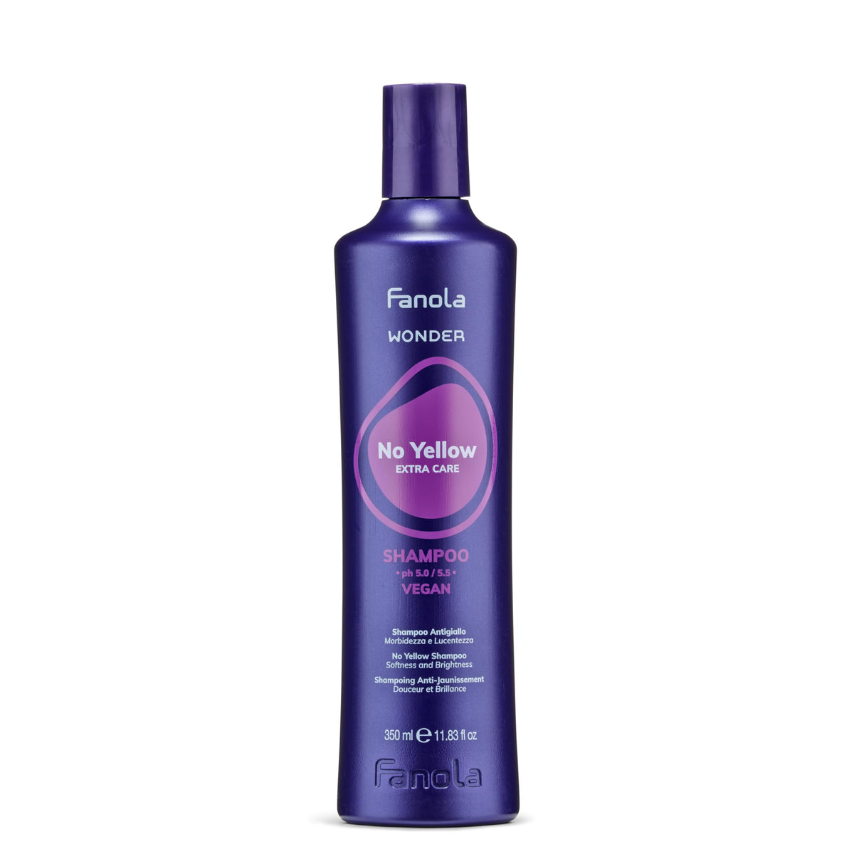 Fanola No Yellow front bottle showing purple toning shampoo and benefits