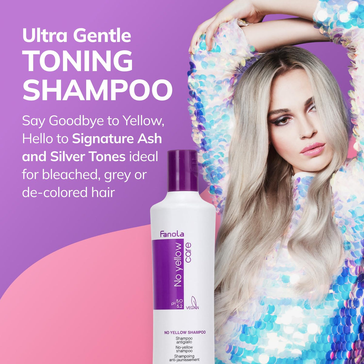 Fanola No Yellow shampoo lather close-up displaying violet pigment and gentle cleansing action