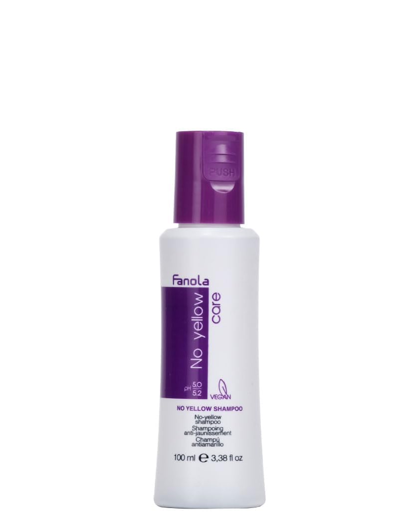 Fanola No Yellow travel bottle front view showing compact travel-friendly design and quick toning