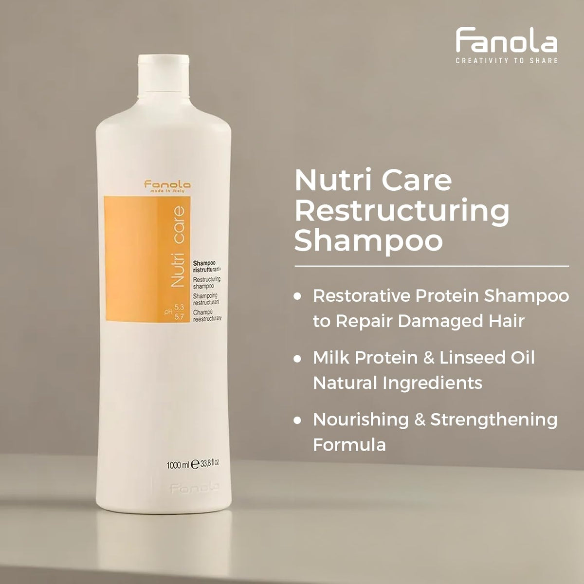 Fanola bottle in hand for scale showing large salon-size convenience