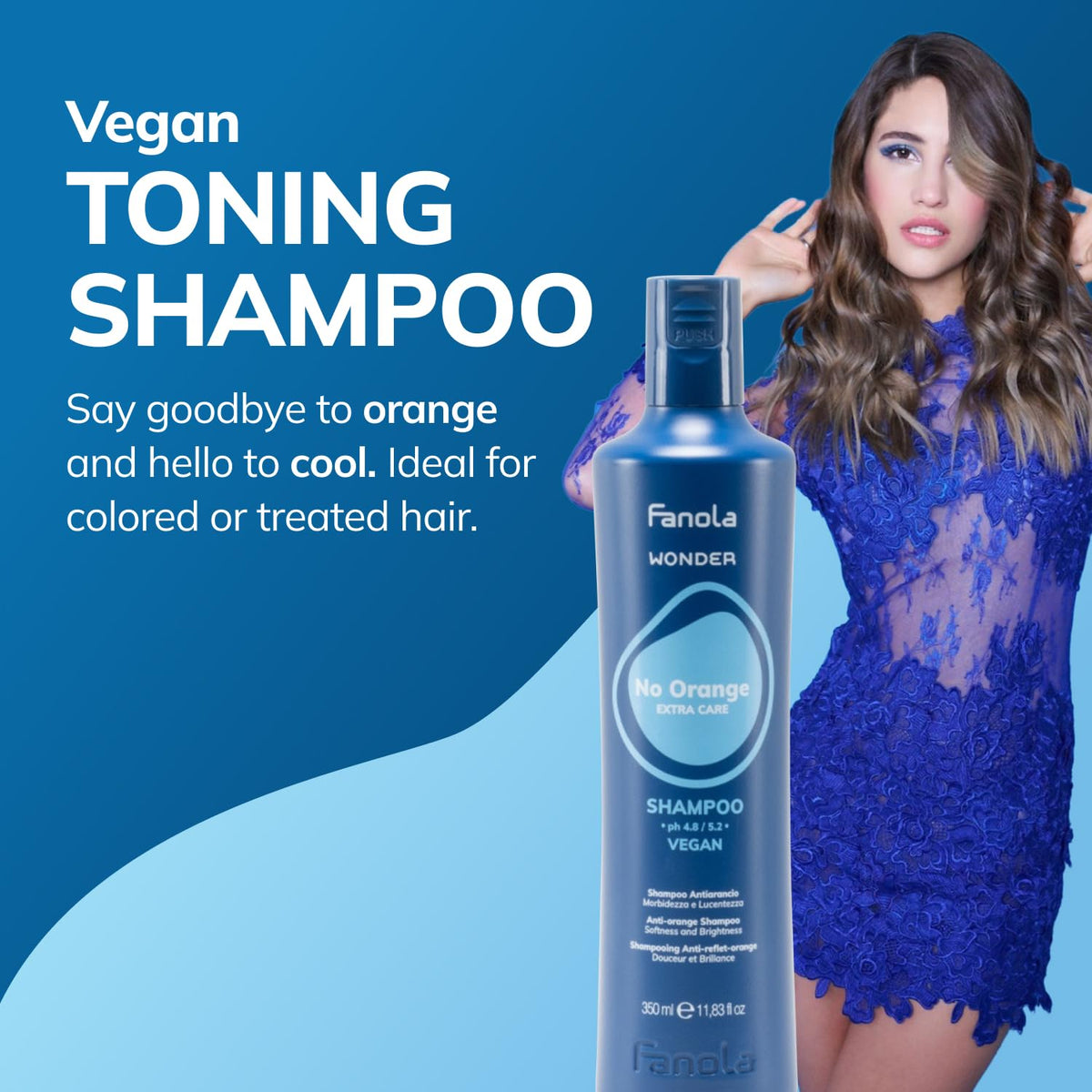 Fanola shampoo poured texture demonstrating creamy blue pigment and coverage benefit