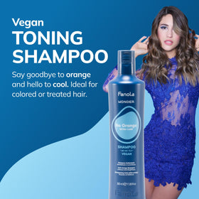 Fanola shampoo poured texture demonstrating creamy blue pigment and coverage benefit