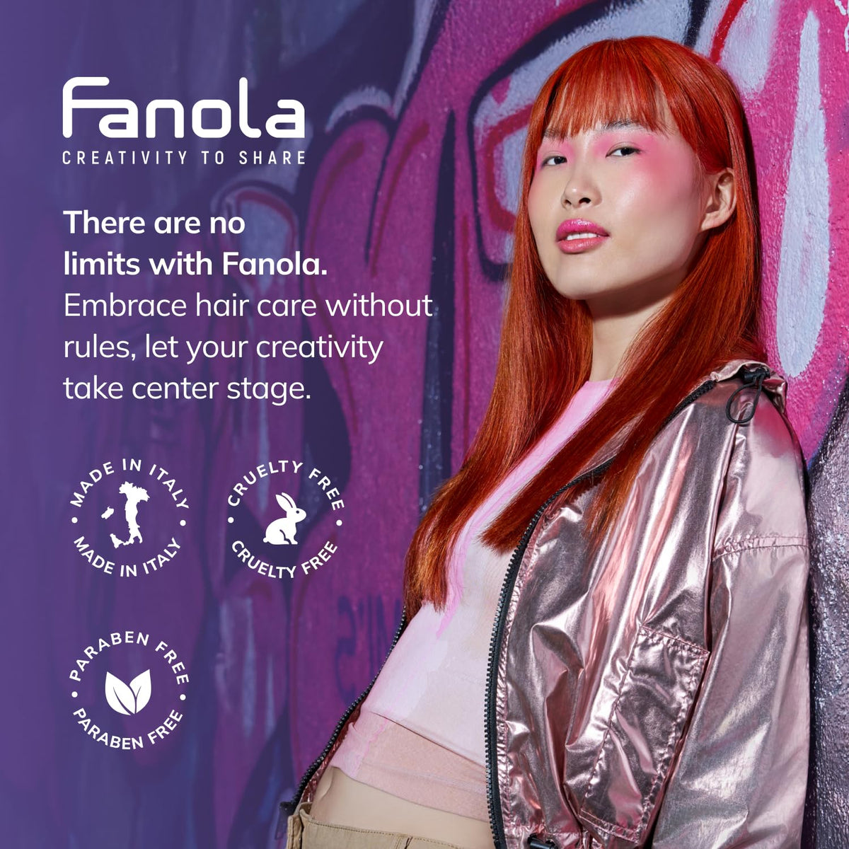 Fanola bottle next to hand for size comparison and travel convenience