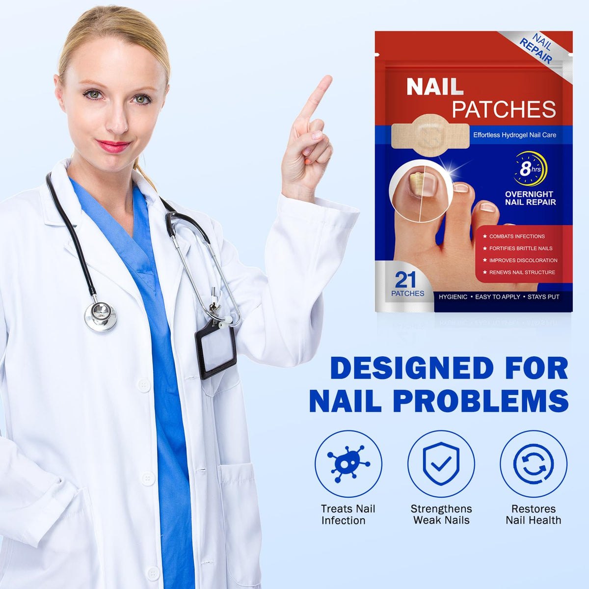FANSHI lifestyle shot of patch on toe in bed showing discreet nighttime use