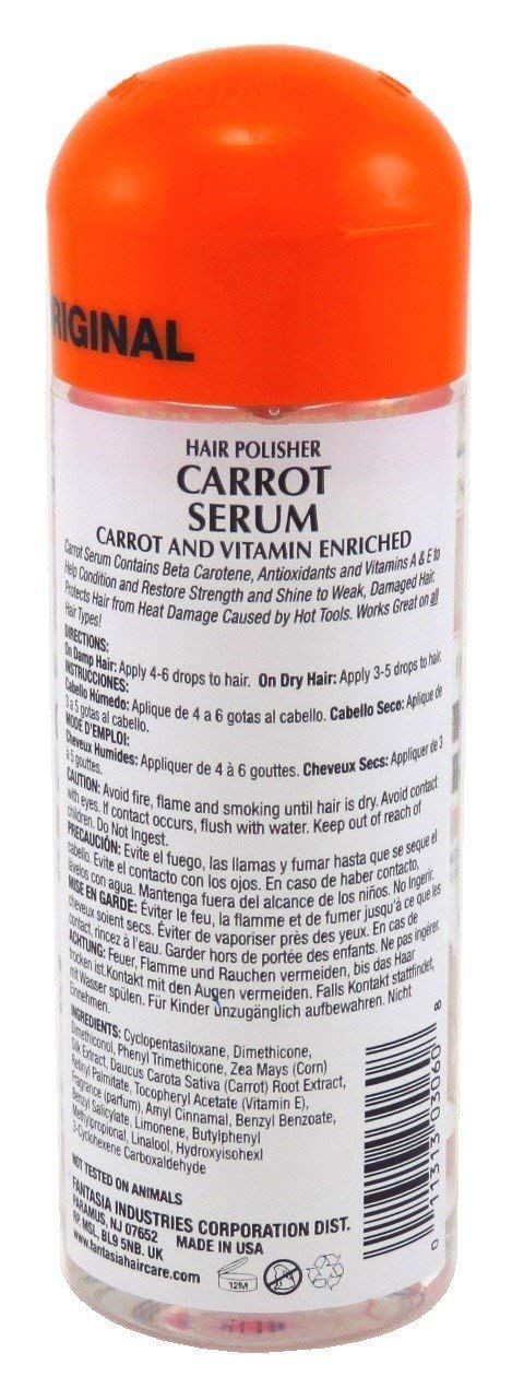 Fantasia carrot serum pump and glossy texture highlighting smooth application benefit