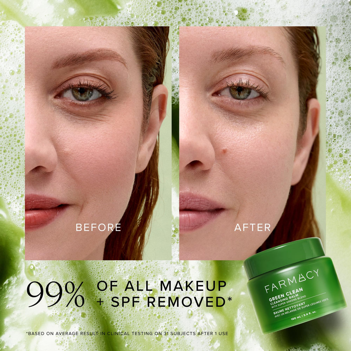 Farmacy before and after eye makeup removal showing waterproof mascara dissolved cleanly