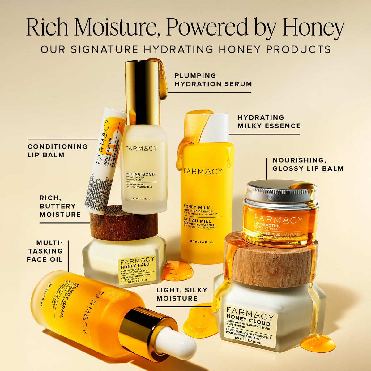 Farmacy Honey Cloud dispensing droplet from pump, brand highlights controlled application