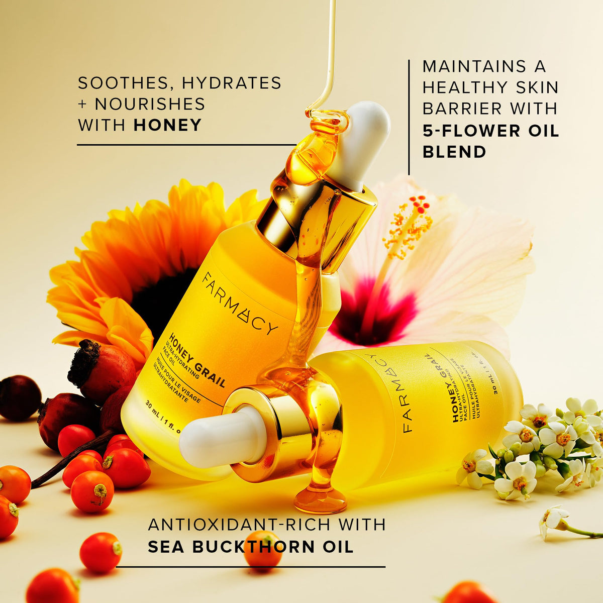 Farmacy ingredients layout with sea buckthorn and rosehip emphasizing antioxidant benefits