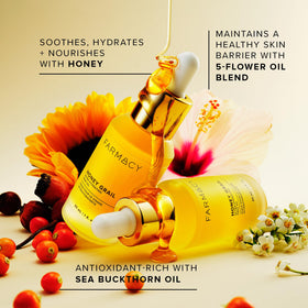 Farmacy ingredients layout with sea buckthorn and rosehip emphasizing antioxidant benefits