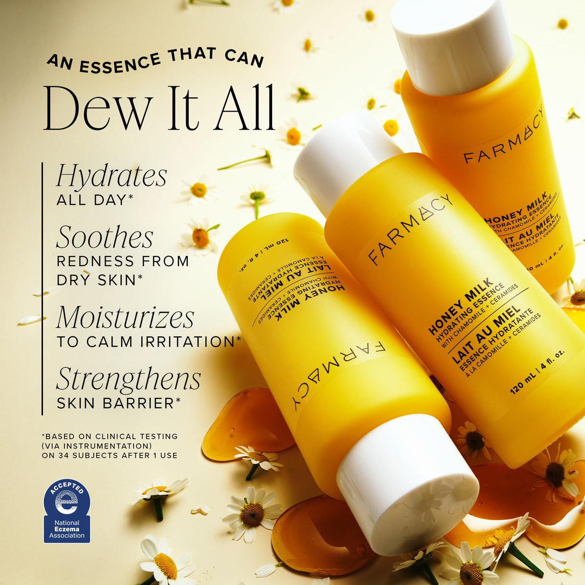 Farmacy ingredients display with honey and ceramide visuals for calming benefit