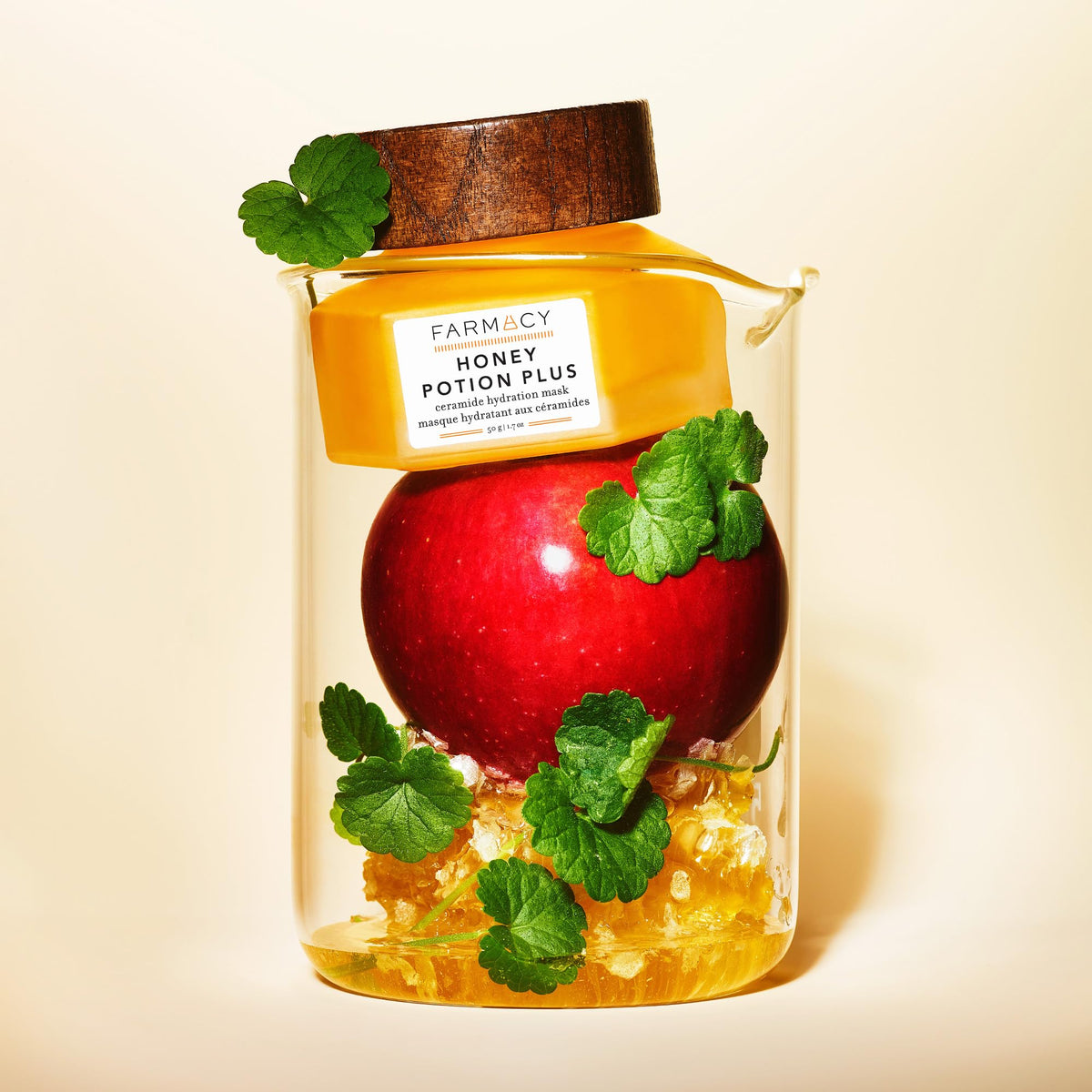 Farmacy Honey Potion Plus ingredient label highlighting niacinamide and ceramides benefits