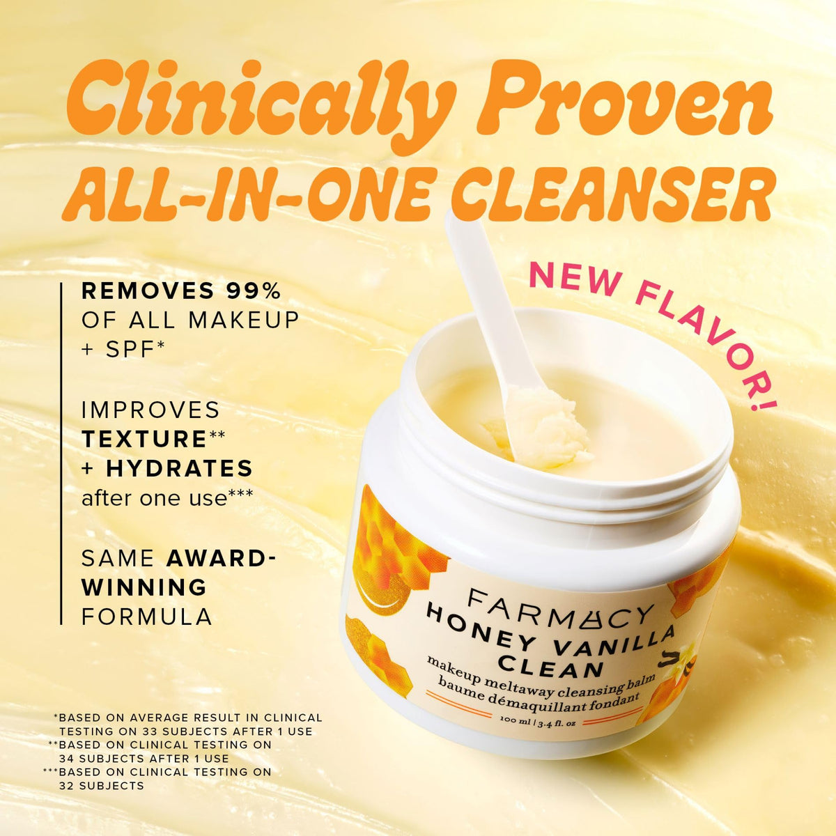 Farmacy balm texture close-up, creamy oil-to-milk texture for hydration