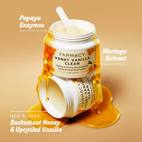 Farmacy ingredient display of honey and papaya, emphasizes soothing benefits
