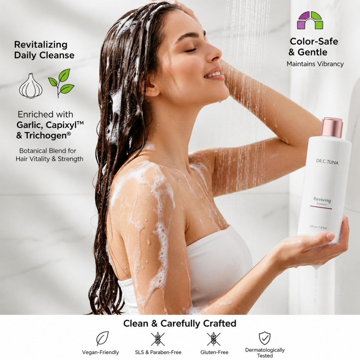 FARMASi bottle with water splash conveying fresh cleansing benefit