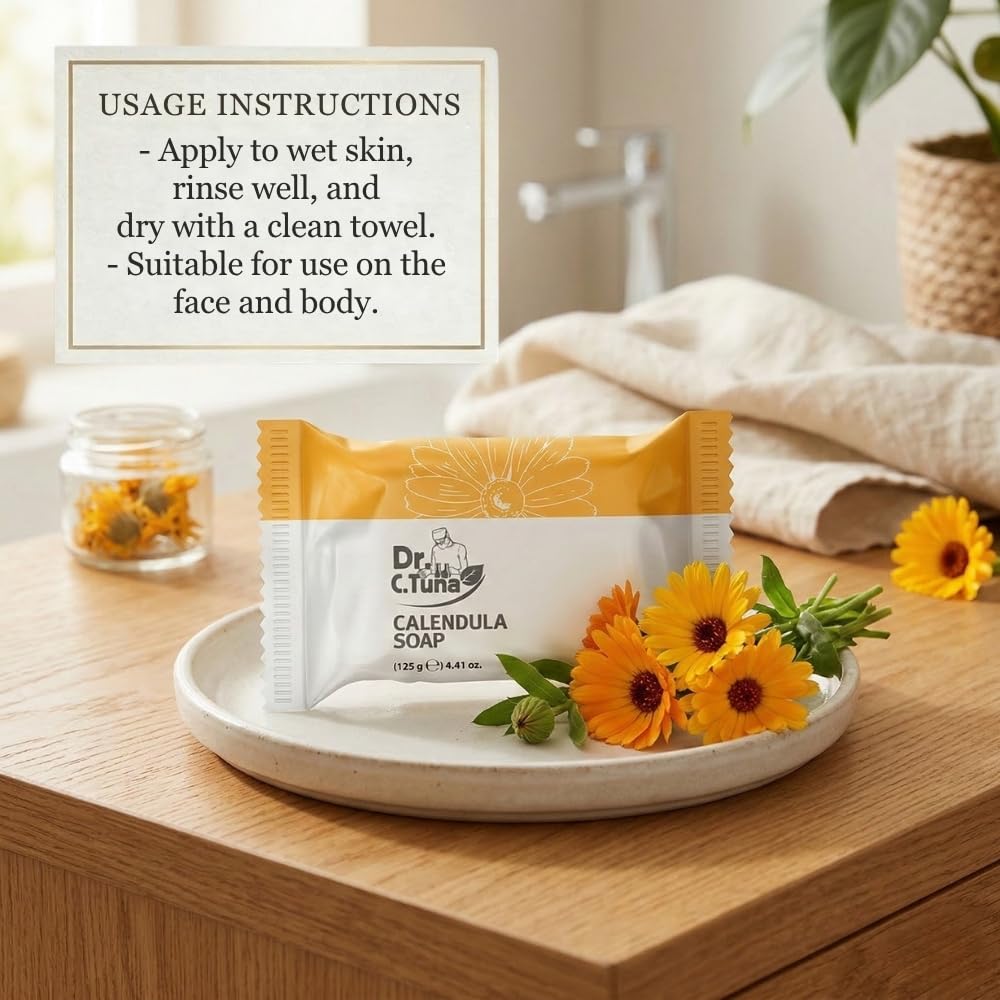 FARMASi calendula soap used on face demonstrating mild cleansing