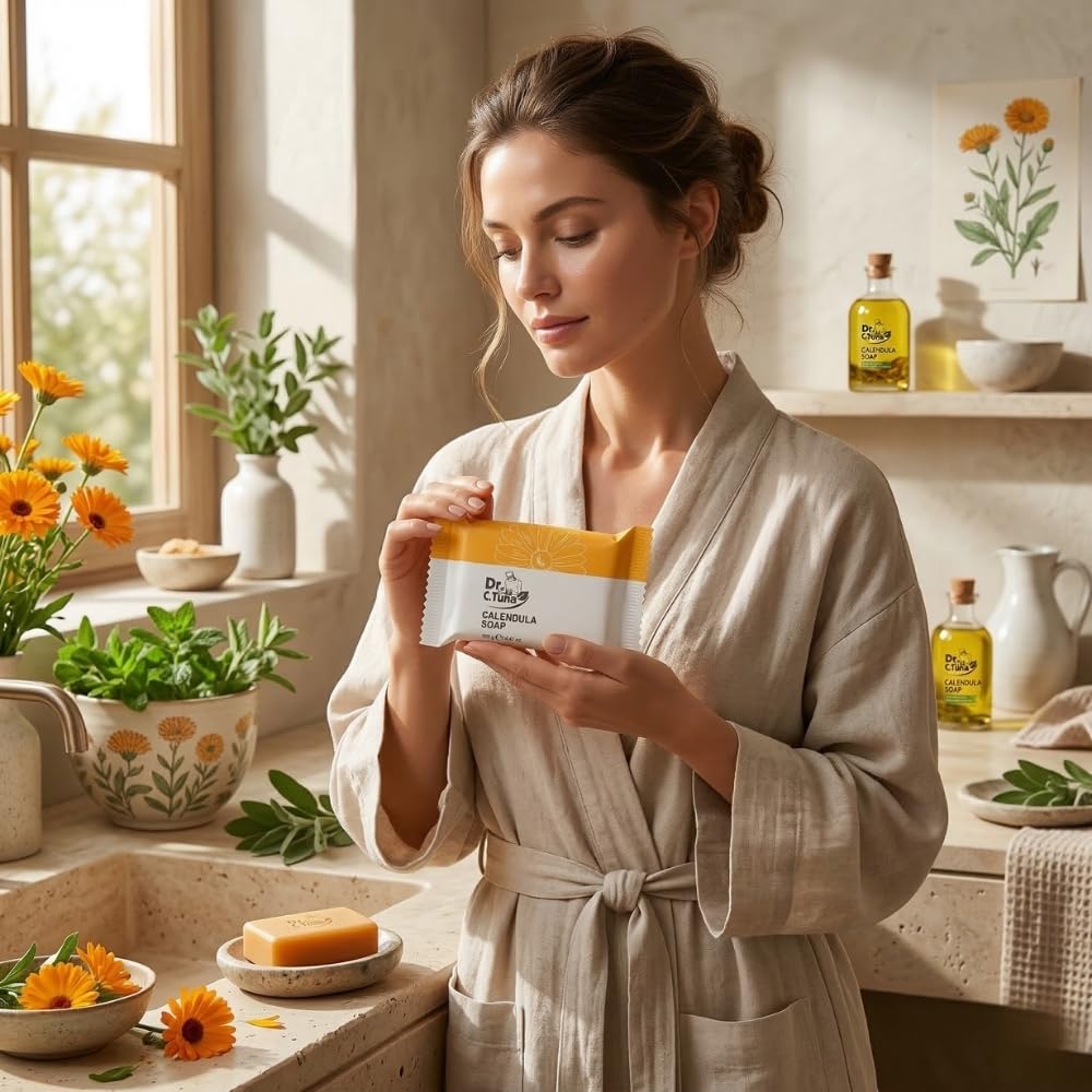 FARMASi calendula soap lather foam on palm for gentle cleansing