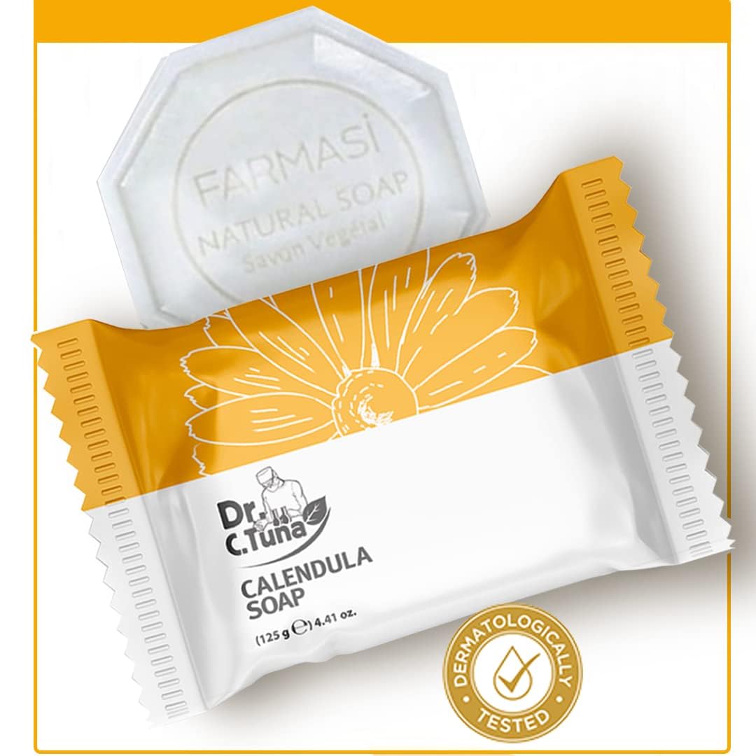 FARMASi calendula soap next to ruler showing the 4.41 oz size