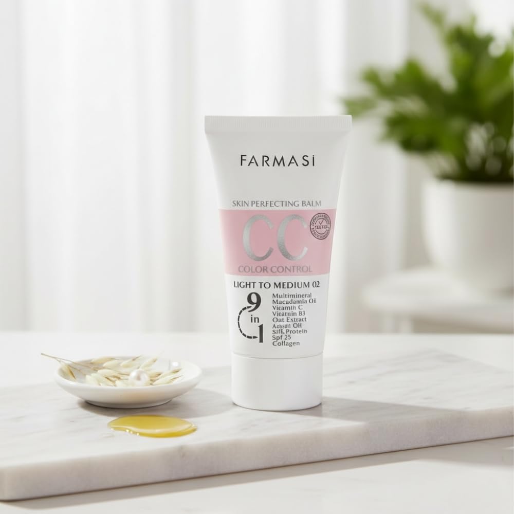 FARMASi tube beside common items showing 1.7 fl oz scale for size clarity