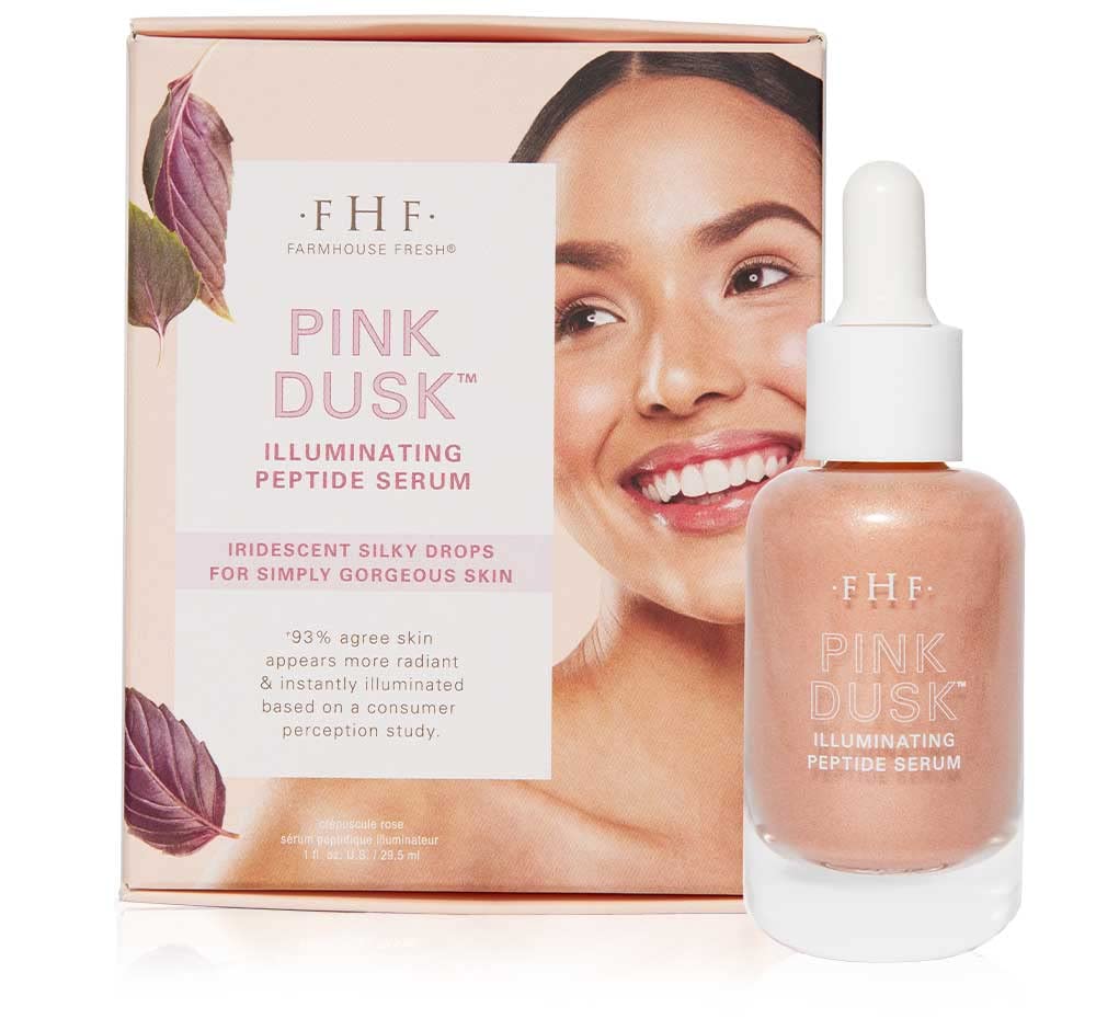 FarmHouse Fresh bottle front view showing pink-peach serum and instant dewy glow
