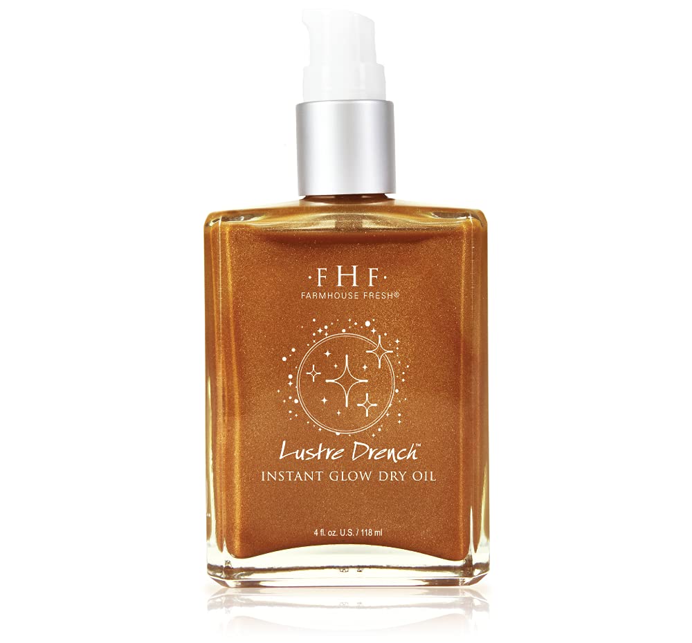 FarmHouse Fresh Lustre Drench front bottle showing golden shimmer and quick glow benefit