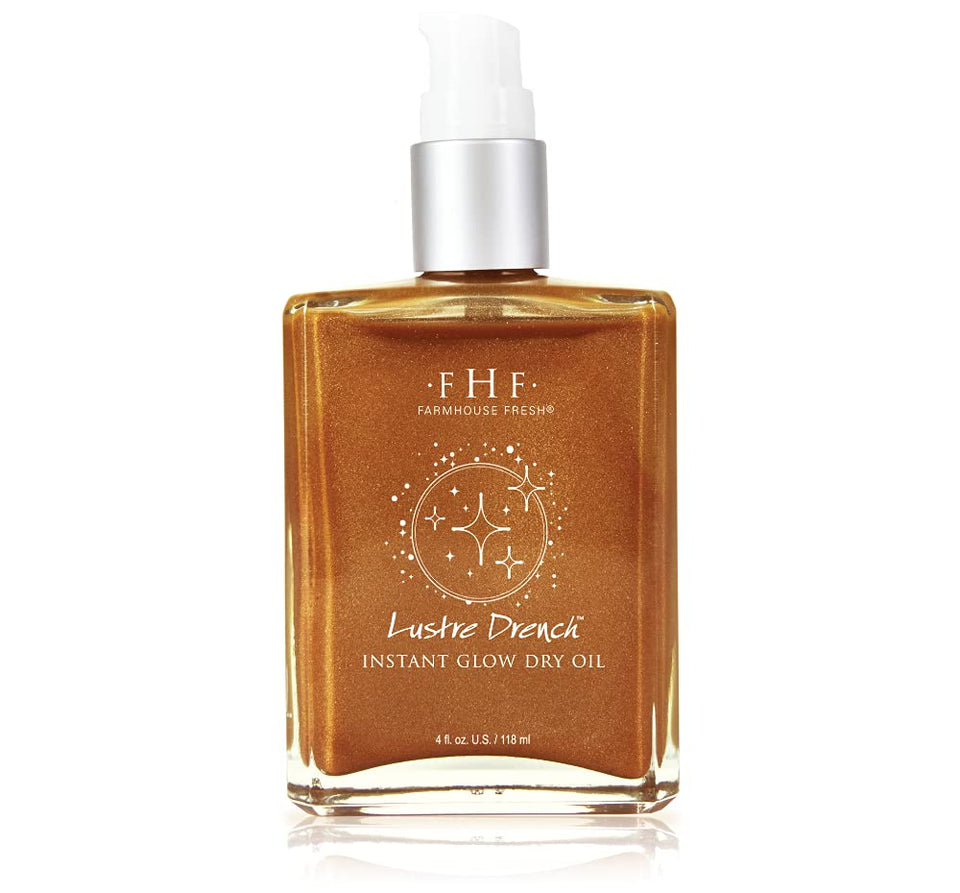 FarmHouse Fresh Lustre Drench front bottle showing golden shimmer and quick glow benefit