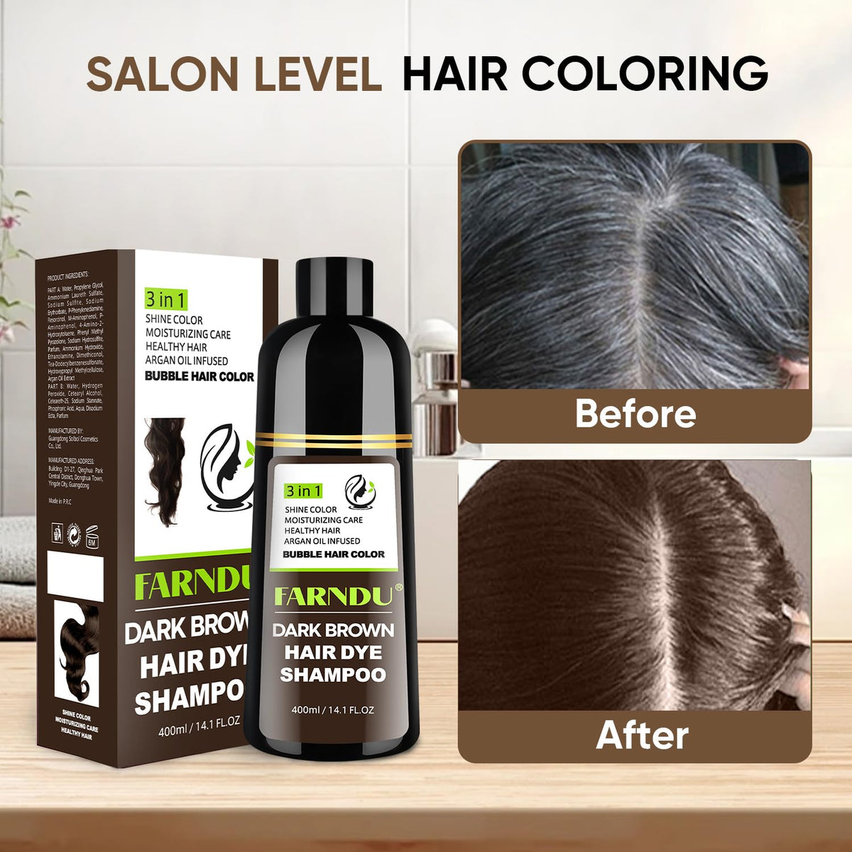 Farndu before and after grey coverage showing natural dark brown tone